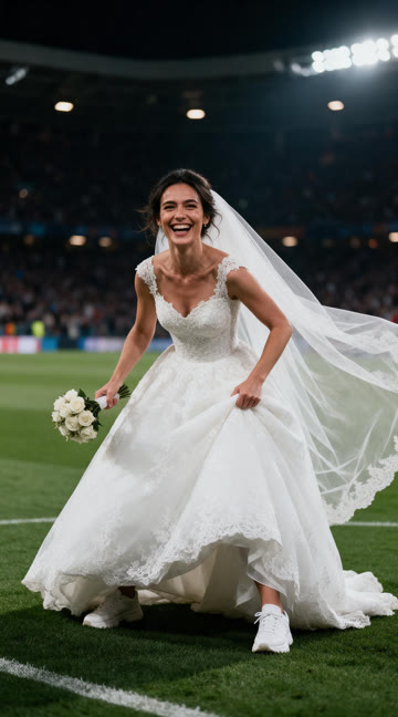 Input photo: an AI-generated bride in a white lace ball gown and veil, holding a bouquet, wearing white sneakers