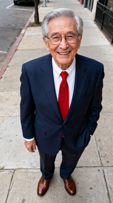 Input photo: an AI-generated grandpa in a navy suit, white shirt and red tie