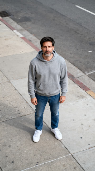 Input photo: an AI-generated man in a grey hoodie and jeans